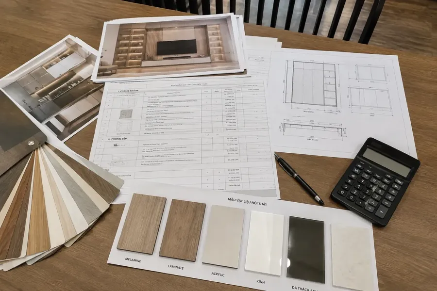 Báo giá được bóc tách theo các hạng mục, kích thước, vật liệu và phụ kiện trong bản vẽ.