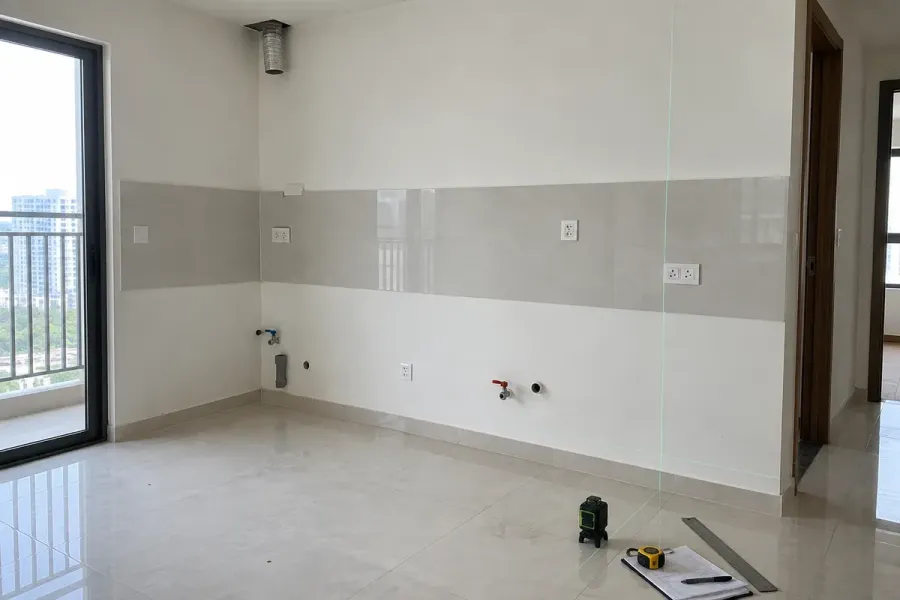 Kích thước và điều kiện thực tế của khu vực bếp được kiểm tra trước khi xưởng đưa tủ vào sản xuất.