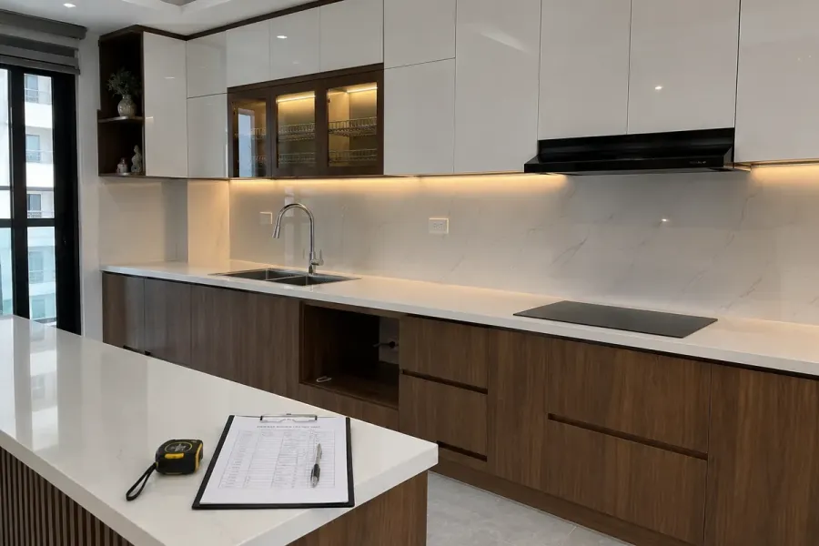 Nội thất được kiểm tra sau lắp đặt để đảm bảo đúng kích thước, vị trí và mức độ hoàn thiện.