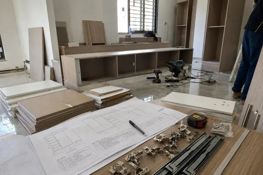 Quy trình gồm tiếp nhận bản vẽ, kiểm tra, khảo sát, báo giá, sản xuất, lắp đặt và nghiệm thu.