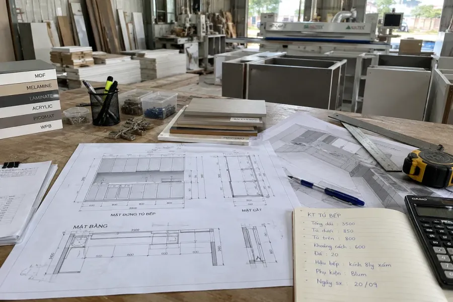 Thông tin mặt bằng và kích thước khu vực bếp được kiểm tra trước khi triển khai sản xuất.