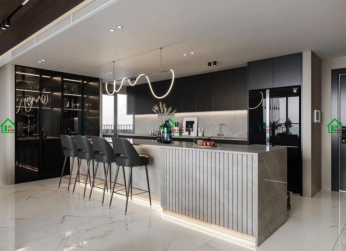 Mẫu tủ bếp kết hợp bàn đảo liền phòng khách hiện đại