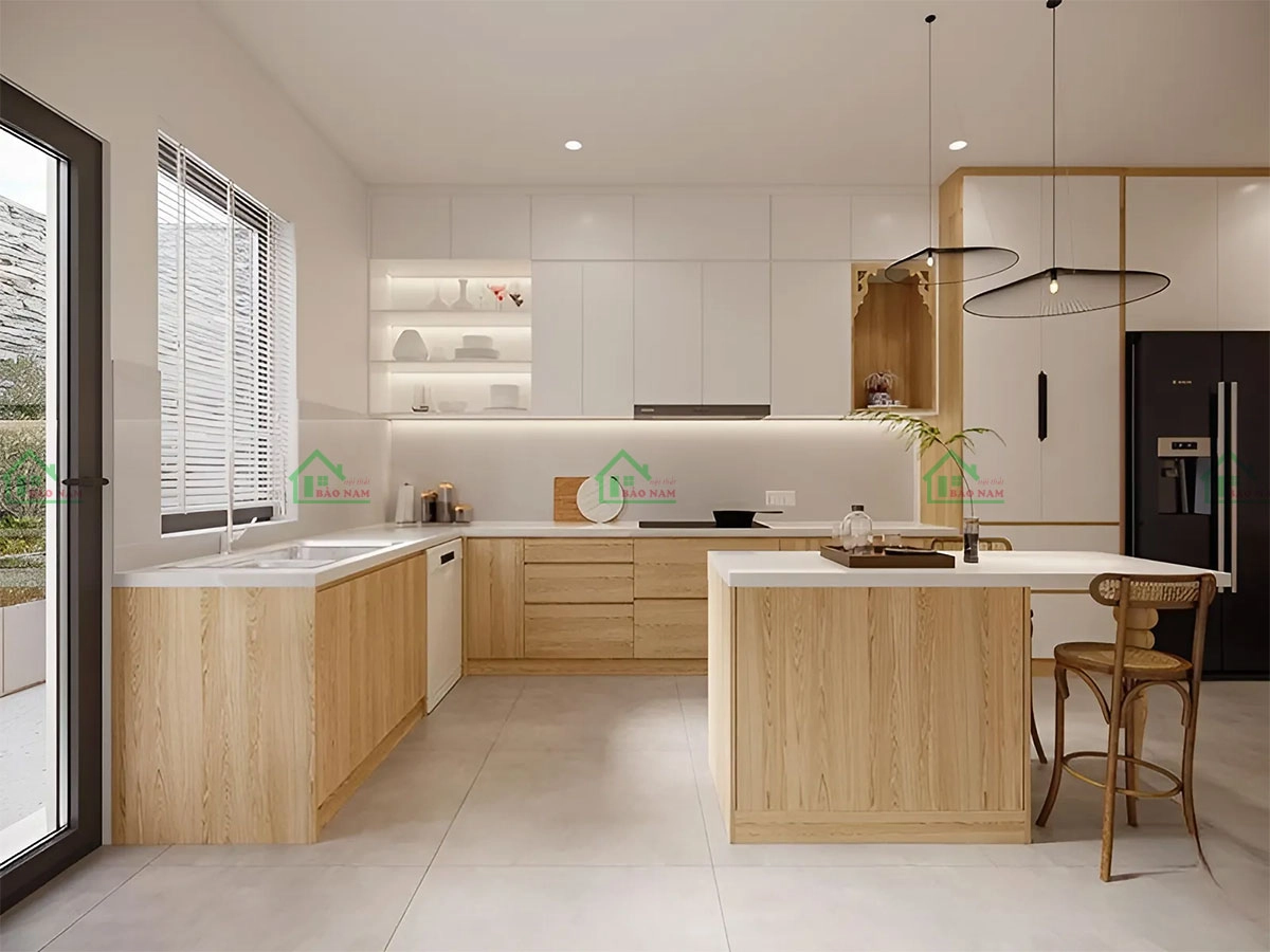 Mẫu tủ bếp vân gỗ hiện đại kết hợp bàn đảo