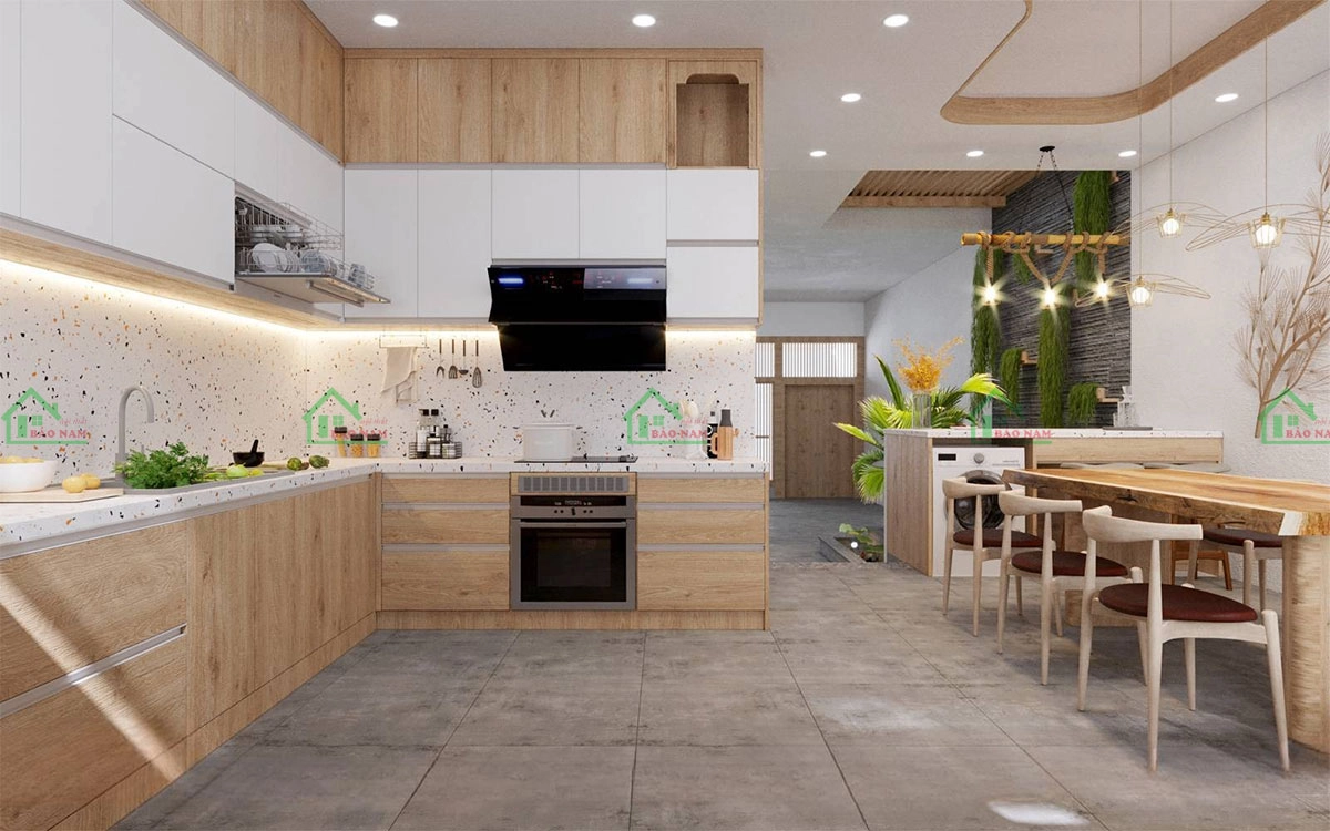 Mẫu tủ bếp kịch trần màu vân gỗ hiện đại