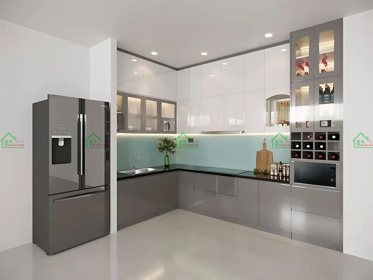 Mẫu tủ bếp acrylic màu trắng xám hiện đại