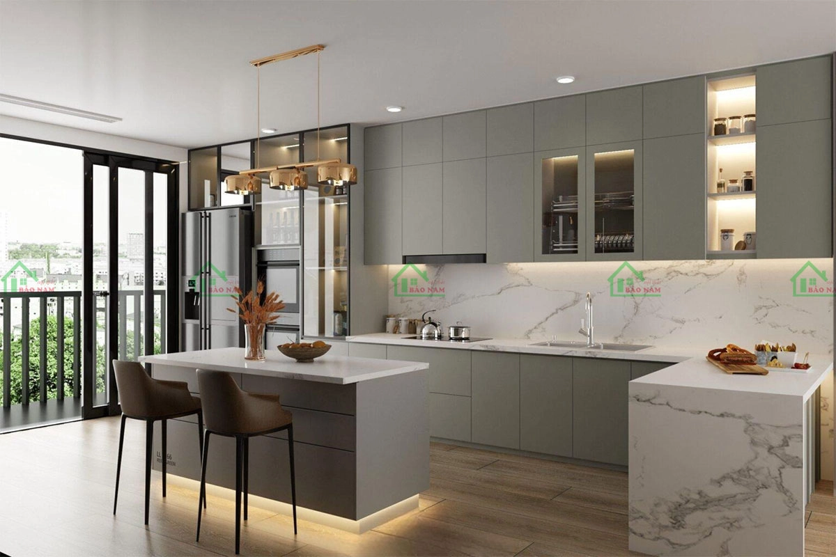 Tủ bếp đẹp có bàn đảo đa năng màu ghi sáng