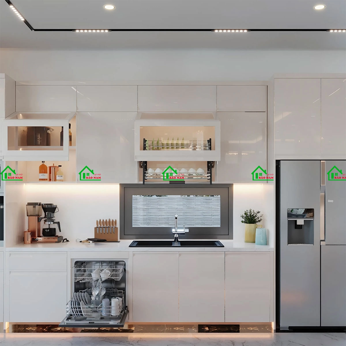 Mẫu tủ bếp chữ I nhỏ gọn kết hợp phụ kiện thông minh, đa năng