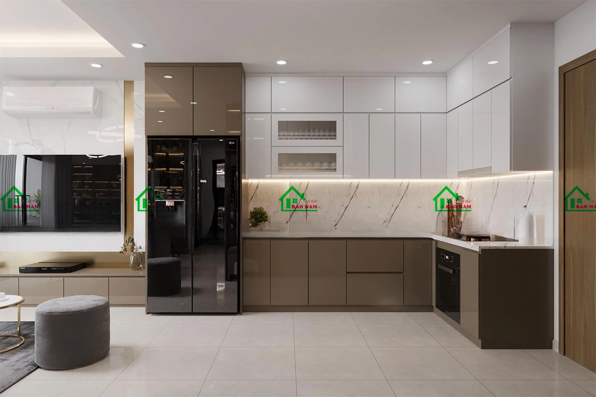 Tủ bếp acrylic bóng gương hiện đại