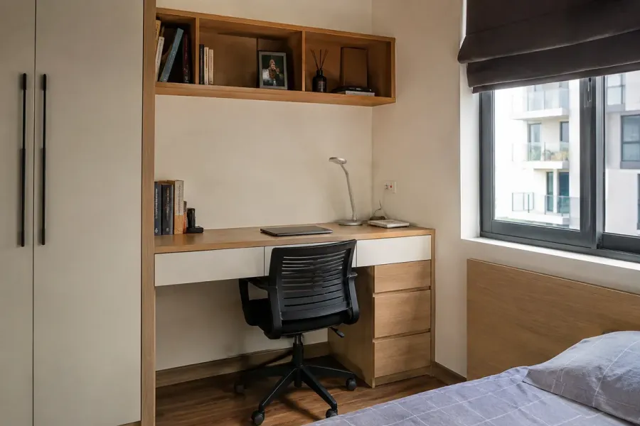 Bàn làm việc MDF phủ Melamine hoàn thiện thực tế trong không gian nhà ở.