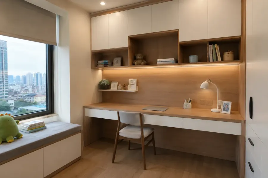 Bàn làm việc tại nhà thiết kế theo kích thước thực tế của không gian.