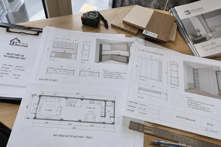 Bản vẽ kỹ thuật thể hiện kích thước, cấu tạo và thông tin cần thiết trước khi đưa nội thất vào sản xuất.