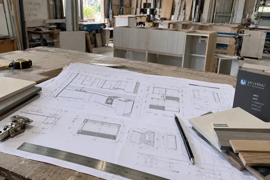 Bản vẽ kỹ thuật là cơ sở để kiểm tra cấu tạo và triển khai sản xuất tủ bếp.
