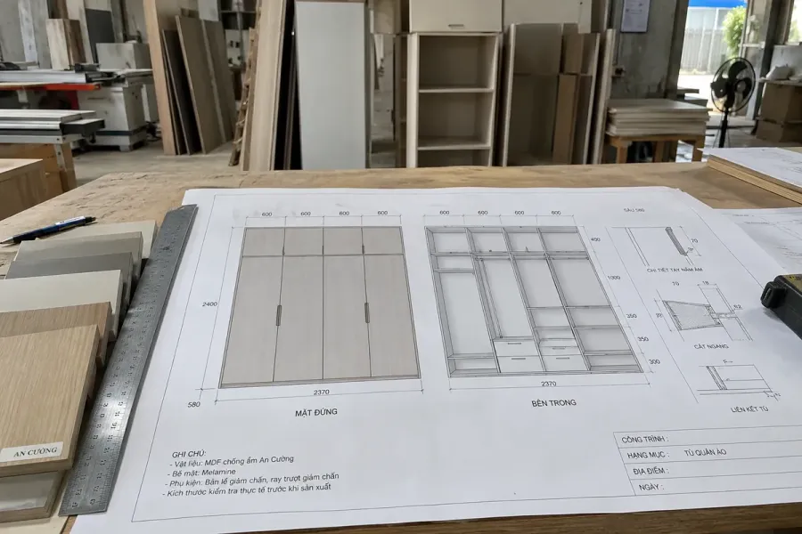 Bản vẽ kỹ thuật thể hiện kích thước, cấu tạo và cách chia khoang tủ trước khi sản xuất.