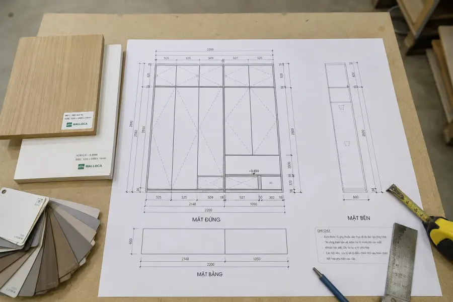 Bản vẽ tủ cần được đối chiếu với hiện trạng phòng trước khi đưa vào sản xuất.