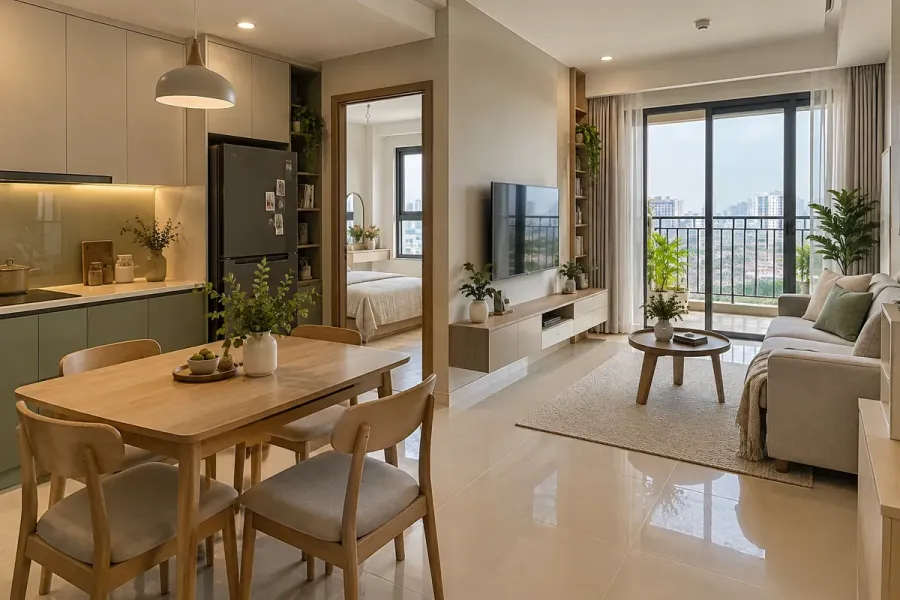 Phòng khách, bàn ăn và khu bếp được bố trí liền mạch nhằm tận dụng diện tích và duy trì khoảng lưu thông.