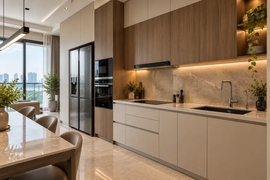 Tủ dưới, tủ trên và các thiết bị bếp được bố trí đồng bộ theo kích thước và vị trí kỹ thuật của căn hộ.