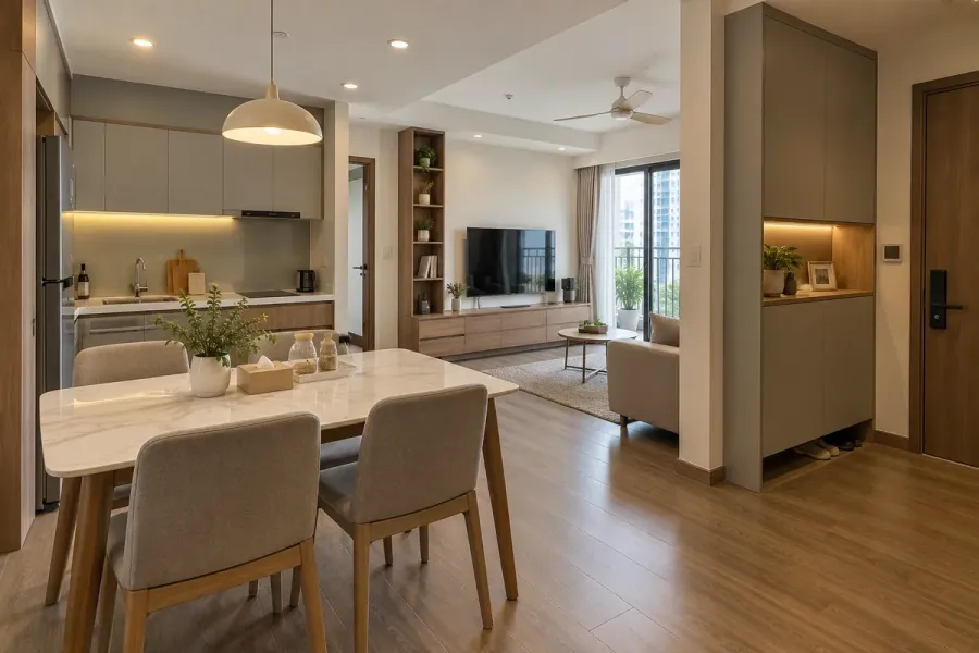 Phòng khách, bếp và hệ lưu trữ được bố trí theo cùng một phương án nội thất cho căn hộ.