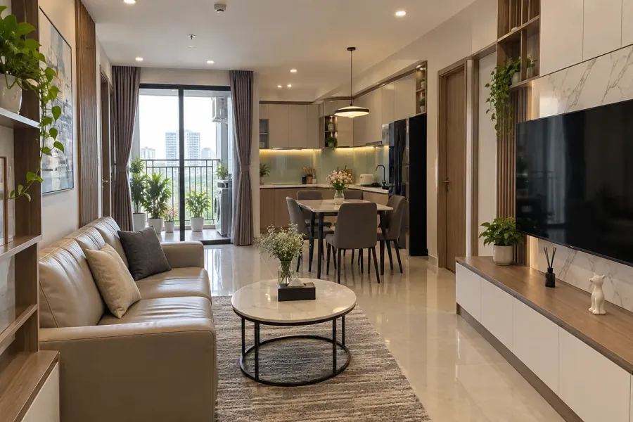 Phòng khách, bếp, phòng ngủ và hệ tủ lưu trữ là những khu vực thường được thi công trong căn hộ 1PN.