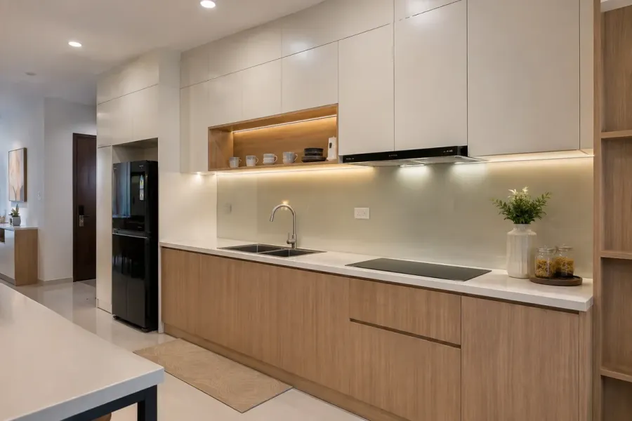 Tủ bếp chữ I, chữ L, chữ U và tủ có đảo có thể được lựa chọn theo mặt bằng thực tế.