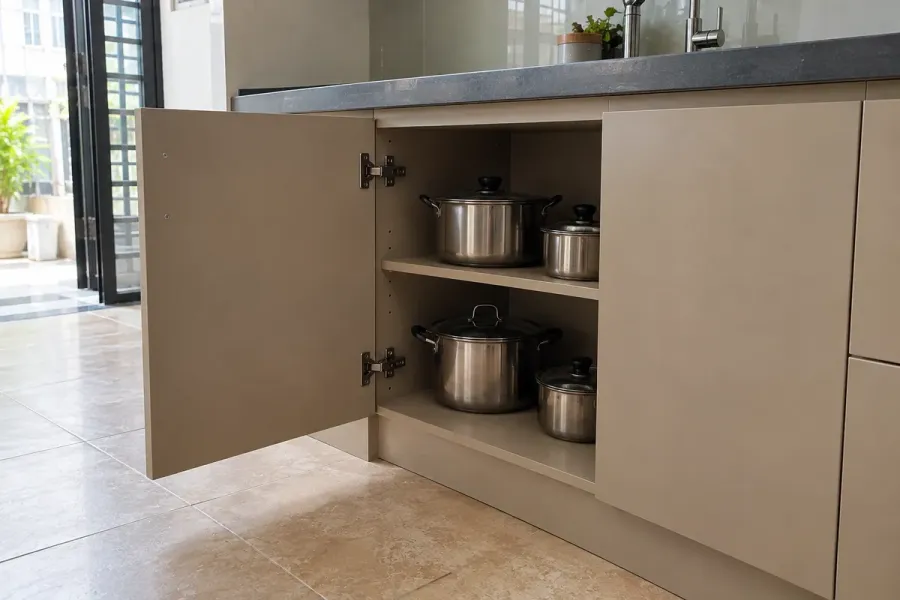 Cấu hình khoang cánh mở và đợt kệ đơn giản có thể phù hợp với những khu vực không cần nhiều ngăn kéo.