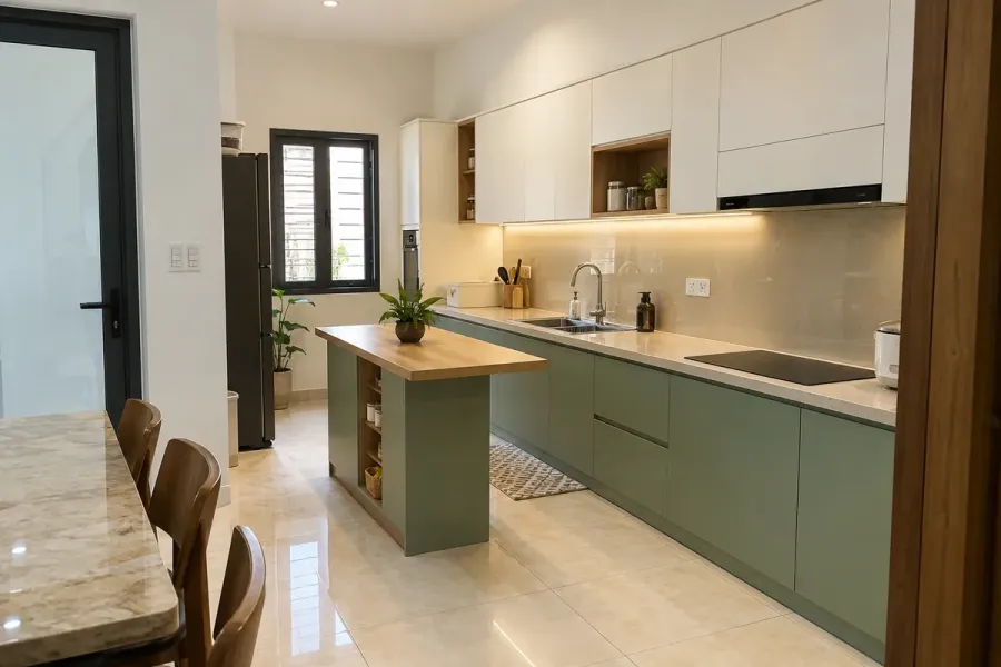 Chi phí tủ bếp cần tách rõ hệ tủ trên, tủ dưới, cấu hình phụ kiện và các hạng mục đi kèm.