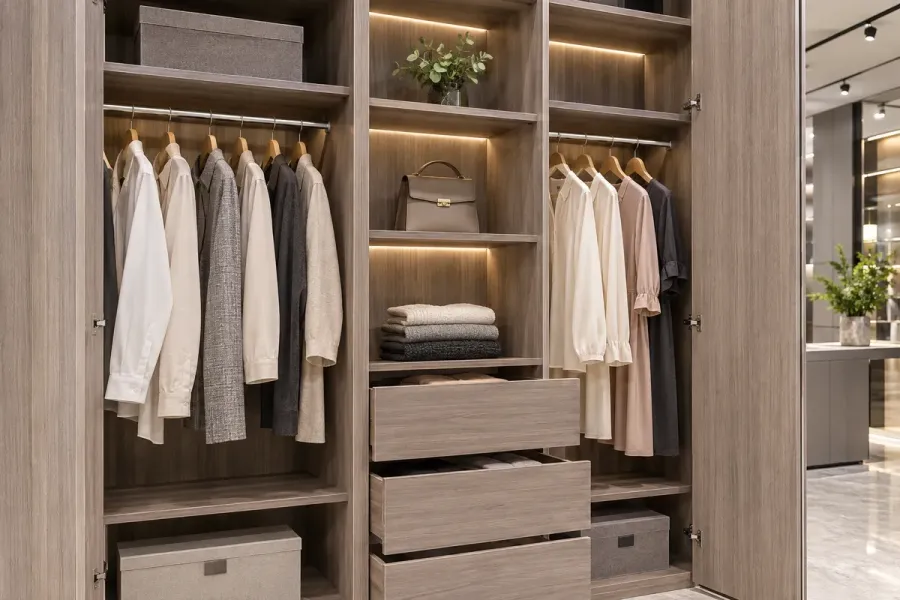 Chi tiết tủ quần áo MDF An Cường với các khoang lưu trữ, hộc kéo và khu vực treo quần áo được bố trí khoa học.