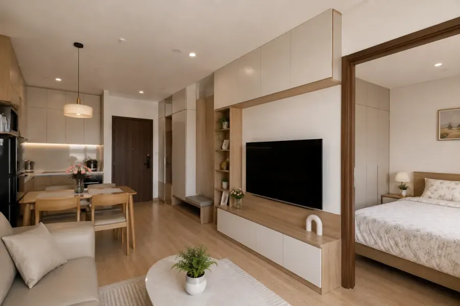 Công trình căn hộ 1PN hoàn thiện với nội thất được bố trí theo mặt bằng và nhu cầu sử dụng thực tế.