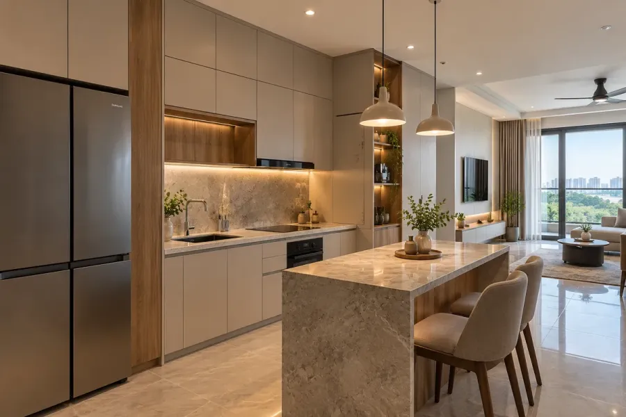 Khu bếp chung cư có diện tích giới hạn và các vị trí kỹ thuật được bố trí sẵn cần được xử lý chính xác khi thi công.