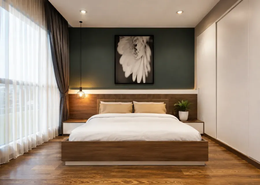Giường gỗ công nghiệp MDF An Cường thiết kế hiện đại cho phòng ngủ.
