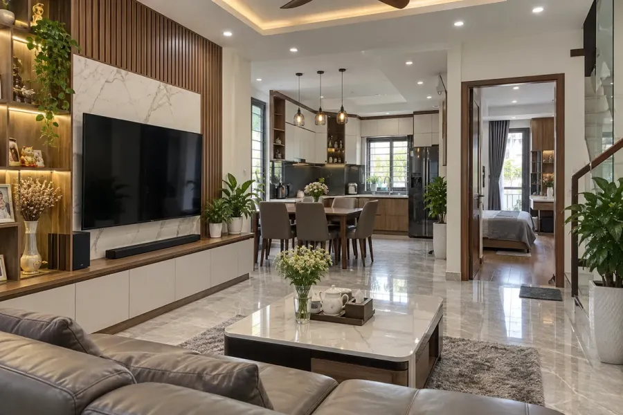Phòng khách, bếp, phòng ngủ và các hệ tủ lưu trữ có thể được triển khai đồng bộ trong cùng công trình.