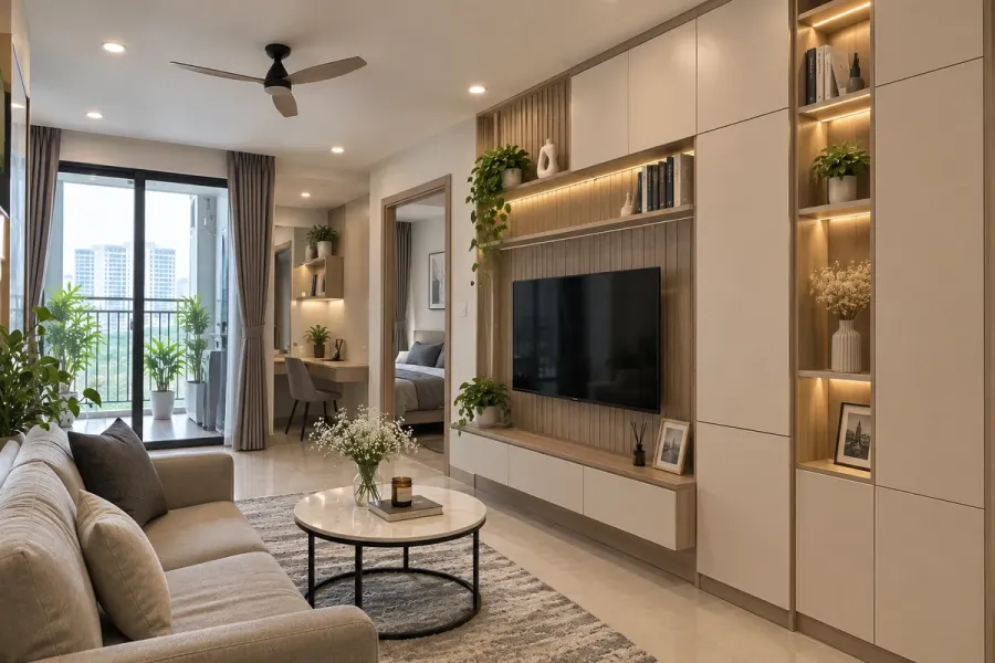 Hệ tủ được thiết kế theo kích thước thực tế giúp tăng khả năng lưu trữ mà không chiếm quá nhiều diện tích sàn.