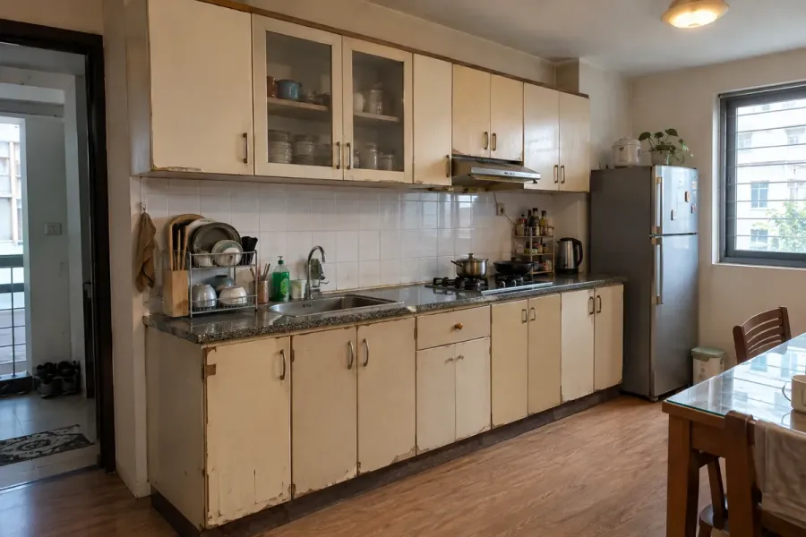 Kiểm tra cánh tủ, thùng tủ và các vị trí gần chậu rửa giúp xác định hạng mục cần xử lý trước khi thi công.