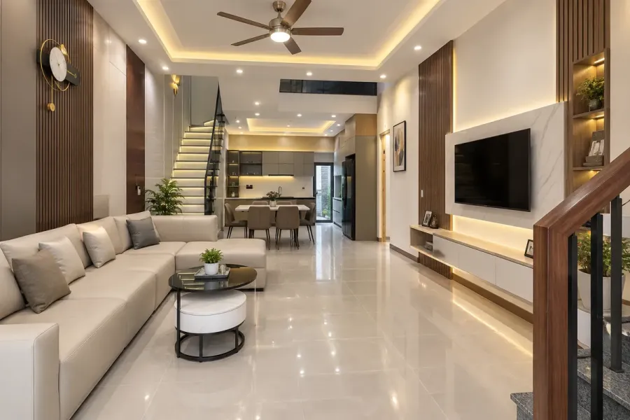 Nhà phố 3 tầng sau khi các hạng mục nội thất được sản xuất, lắp đặt và hoàn thiện theo từng không gian thực tế.