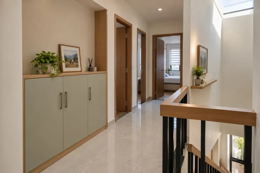 Nội thất hoàn thiện tạo sự liên kết giữa các tầng, đồng thời đáp ứng công năng riêng của từng không gian.