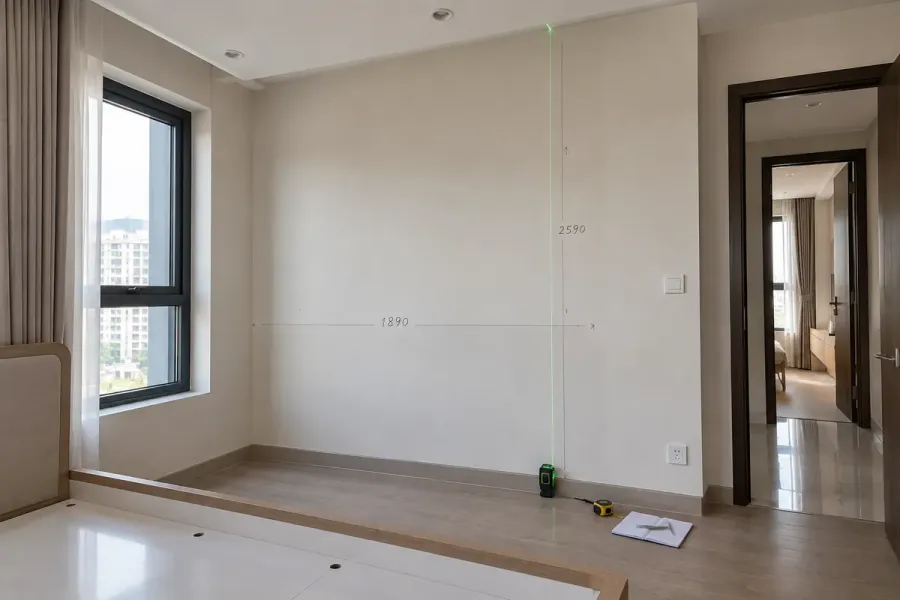 Đo chiều cao tại nhiều vị trí giúp xác định kích thước tủ và hạn chế khe hở khi lắp sát trần.