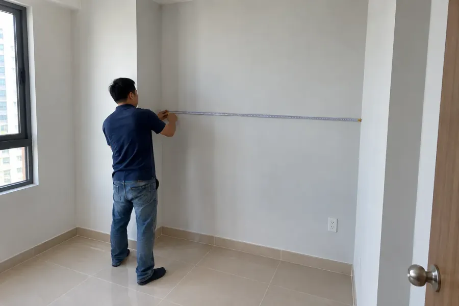 Đo đạc thực tế giúp xác định kích thước tủ và những điểm cần lưu ý tại vị trí lắp đặt.