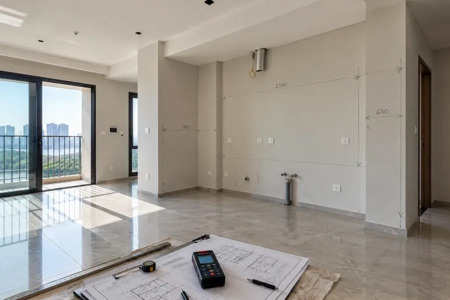Đo đạc thực tế giúp xác định chính xác kích thước tường, vị trí điện nước và các điểm kỹ thuật trước khi sản xuất tủ.