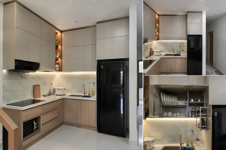 Tủ sản xuất theo kích thước phù hợp với nhiều mặt bằng bếp có đặc điểm riêng.