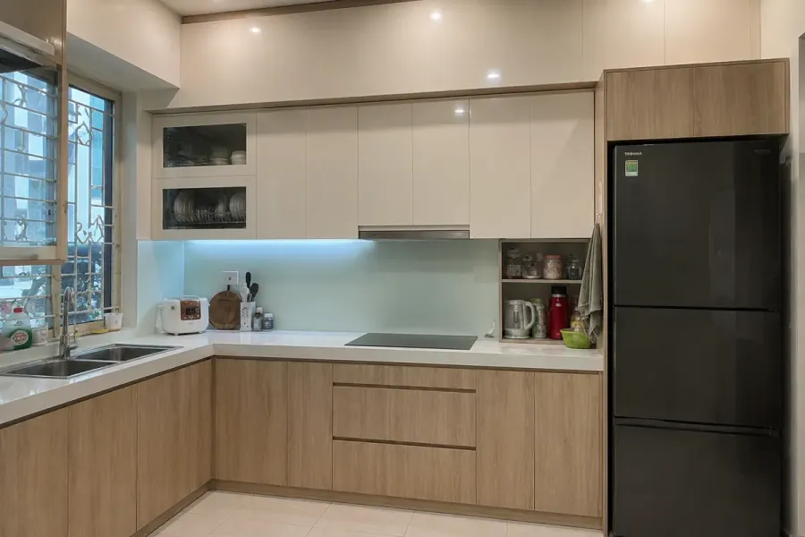 Tủ trên và tủ dưới được tính toán phù hợp với công năng và thiết bị trong bếp.