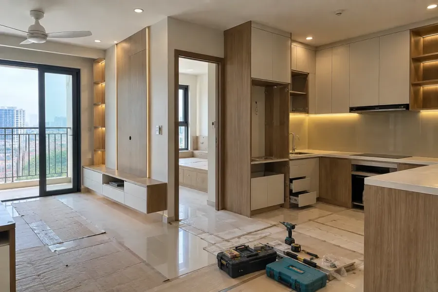 Nội thất được lắp đặt và căn chỉnh theo kích thước thực tế, đảm bảo các hạng mục vừa vặn với mặt bằng căn hộ.