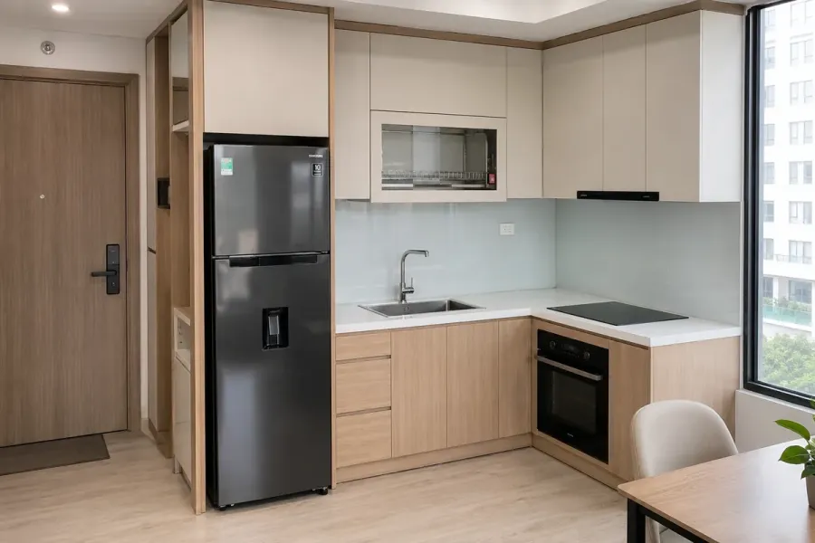 Tủ bếp vừa không gian giúp tận dụng diện tích và xử lý tốt những mặt bằng có kích thước riêng.