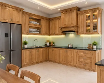Mẫu Tủ Bếp Gỗ Sồi Đẹp – Tủ Bếp Gỗ Tự Nhiên Chữ L