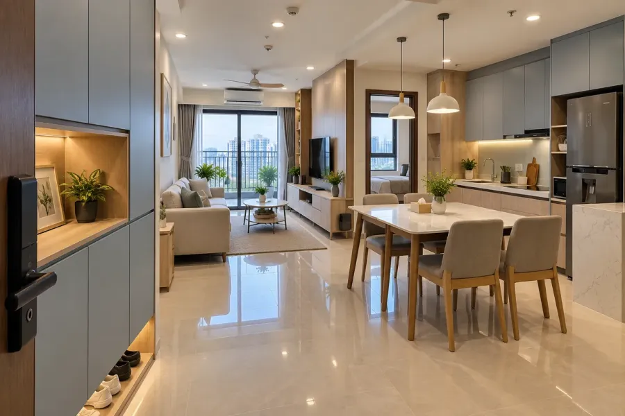 Căn hộ sau khi các hạng mục nội thất được lắp đặt, kiểm tra và hoàn thiện trước khi bàn giao.