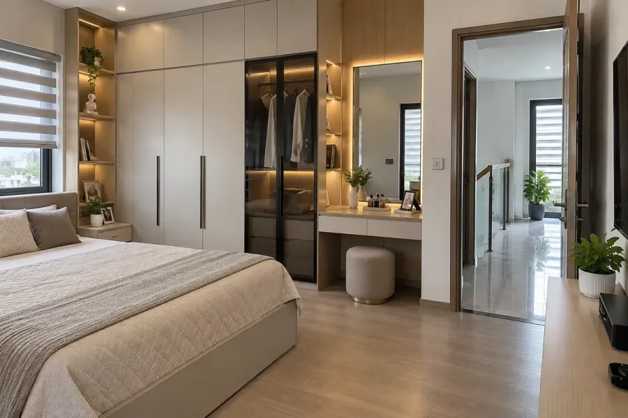 Nội thất nhà phố sau khi hoàn thiện được kiểm tra và căn chỉnh theo bản vẽ cùng hiện trạng thực tế.
