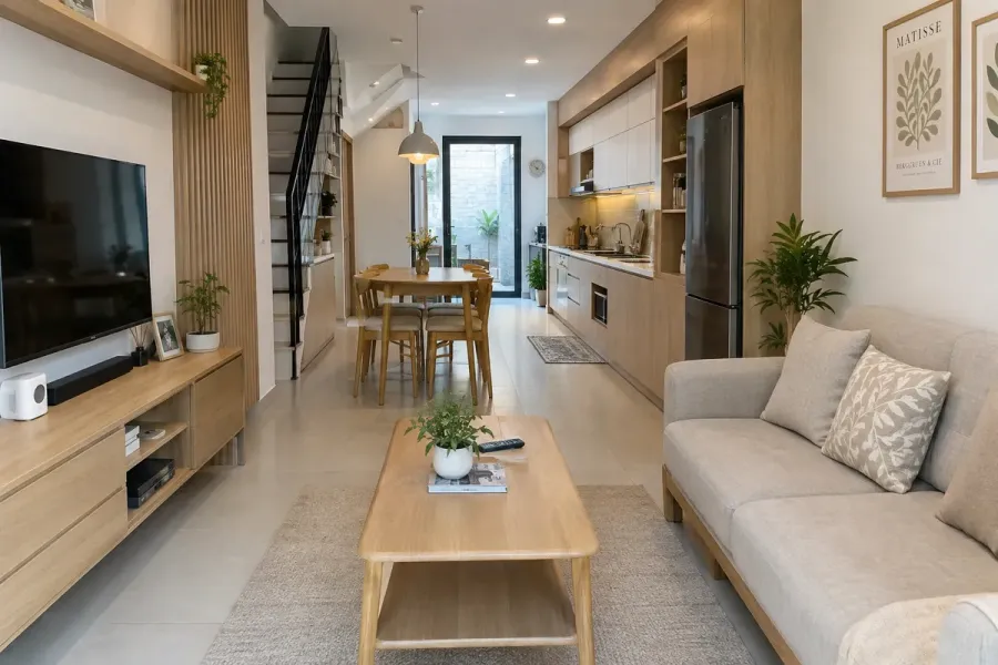 Các hạng mục nội thất được phân bổ theo chức năng và nhu cầu sử dụng của từng không gian trong nhà phố.