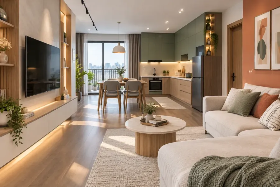Phòng khách và bếp sử dụng các hệ tủ có thiết kế thống nhất nhưng vẫn đáp ứng công năng riêng.