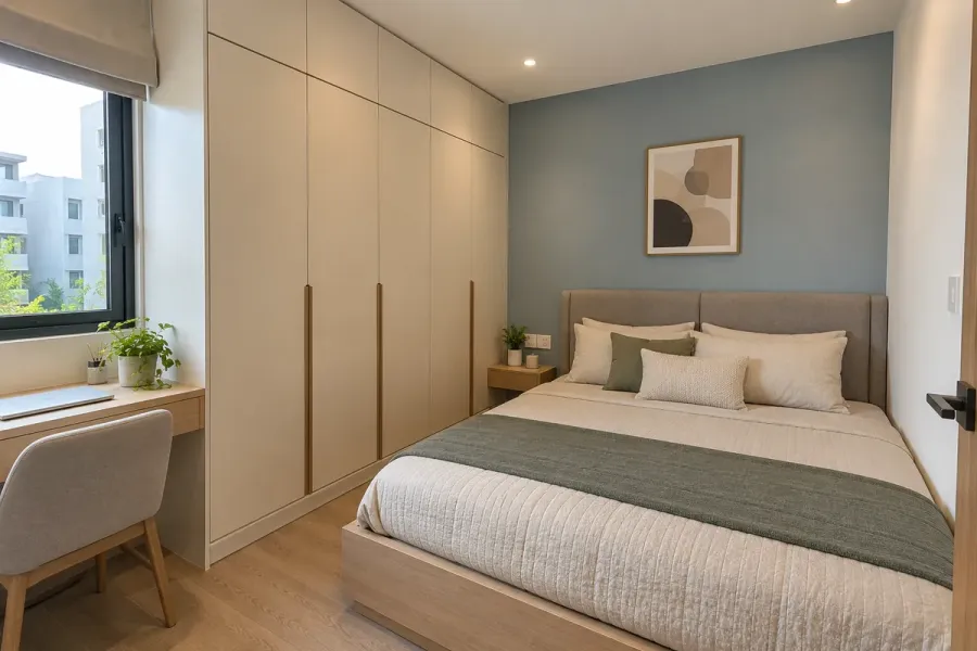 Giường ngủ và tủ quần áo được bố trí theo diện tích phòng, đảm bảo khoảng mở cánh và lối đi sử dụng.