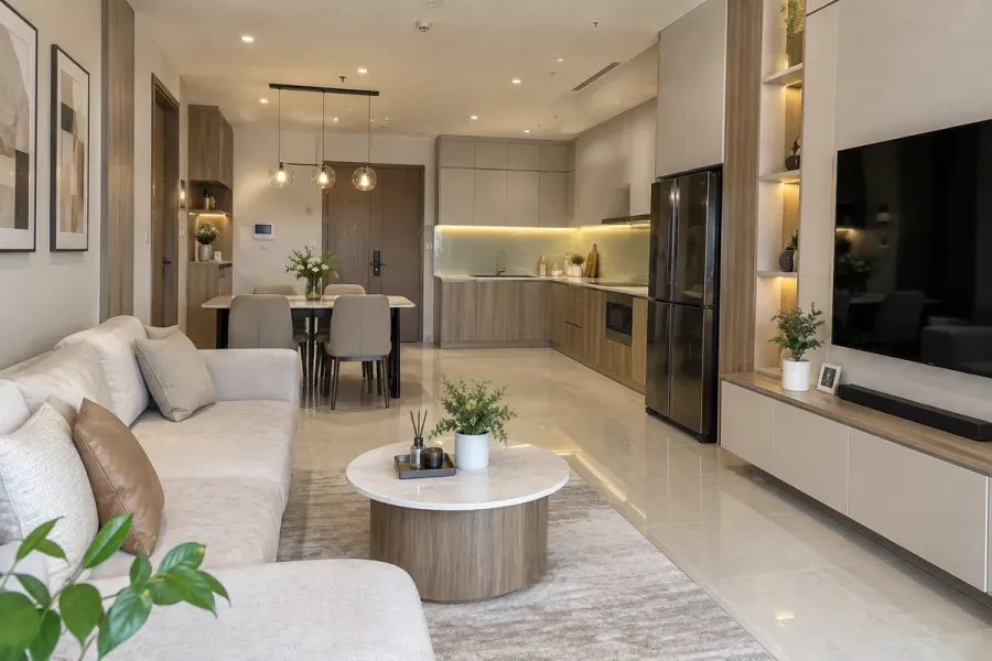 Nội thất từng khu vực được bố trí theo công năng riêng nhưng vẫn thống nhất về vật liệu và màu sắc.