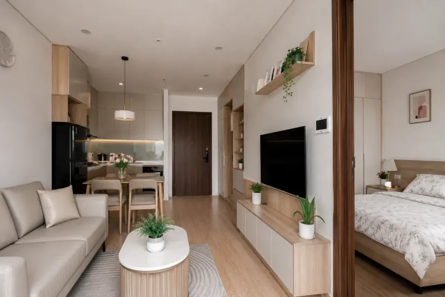 Các hạng mục được thi công đồng bộ giúp phòng khách, bếp và phòng ngủ thống nhất về phong cách.