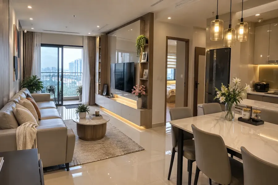 Các hạng mục nội thất trong căn hộ 3PN được lắp đặt hoàn thiện và kiểm tra trước khi bàn giao.